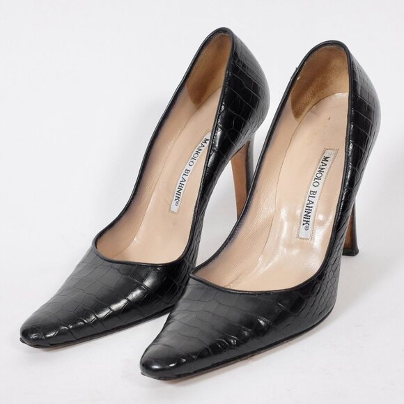 Manolo Blahnik Carolyne crocodile alligator shoes 37.5 US 7.5 black - Picture 1 of 8